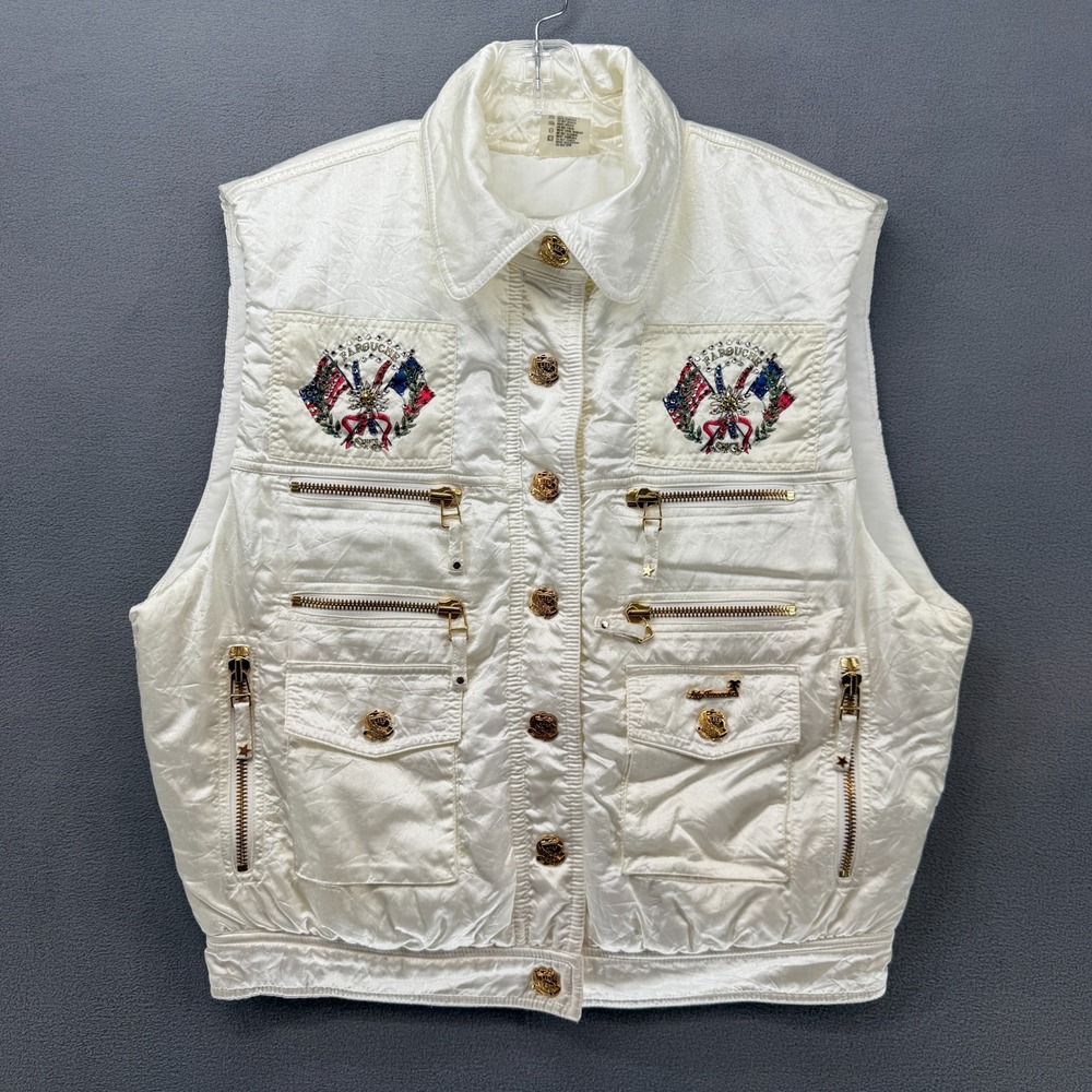 Vtg Lily Farouche Ski Power Vest Womens XL White Front Eagle Flag Embroidered